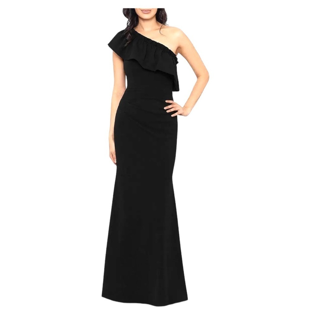 Aqua Black Maxi Dress Formal One Shoulder Ruffle Size 0 NWT
